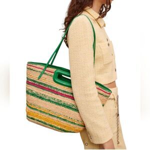 NWT Maje Casino Striped Raffia Basket Tote Green Stripe